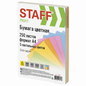 Бумага цветная (набор), А4, 80г/м2, 5цв.х20л, 100л,ассорти пастель