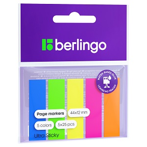 Закладки-индексы 12х44мм BERLINGO Ultra Sticky, набор из 5 цветов по 25л, неон, ПЛАСТИК, 41121