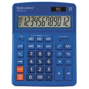 Калькулятор BRAUBERG Extra 12BU, 12 разрядов, двойное питание, 206х155мм, СИНИЙ